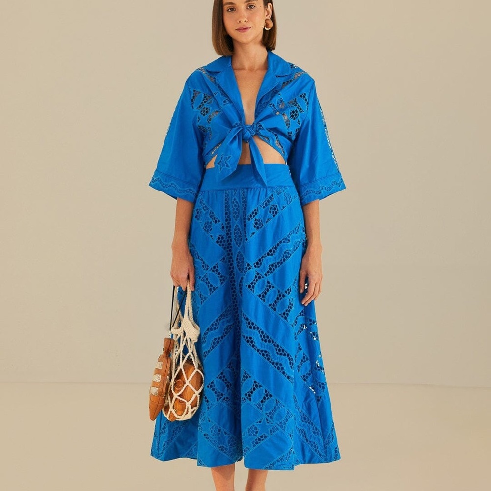NWT FARM Rio Vibrant Blue Eyelet MIDI Skirt XL